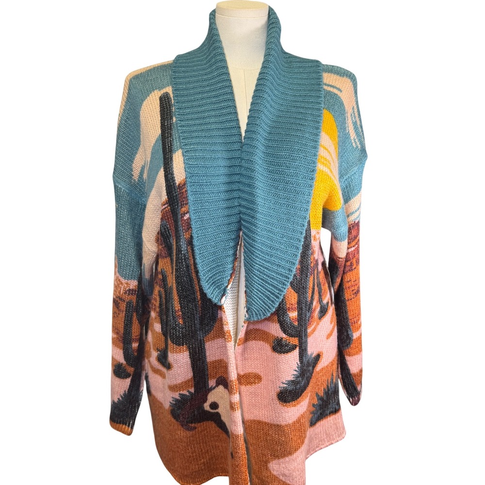 Wrangler Retro Desert Landscape Cactus Shawl Collar Cardigan XL Blue Pink